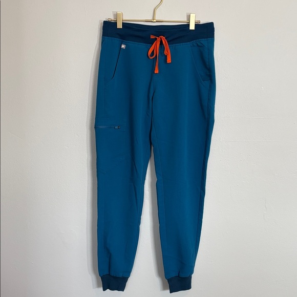 Figs Pants - Figs Women's Blue Scrub Joggers with Orange Drawstring